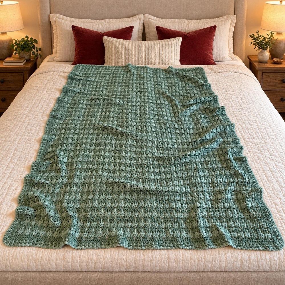 Vintage Handmade Crochet Afghan Sage Green Weighty Textured Throw Blanket 80x54